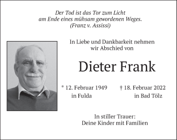 Todesanzeige von Dieter Frank von merkurtz