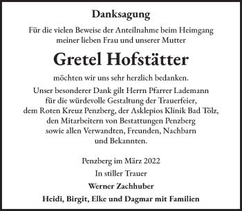 Todesanzeige von Gretel Hofstätter von Das Gelbe Blatt Penzberg