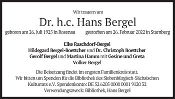 Todesanzeige von Hans Bergel von merkurtz