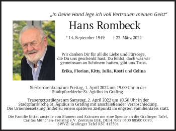 Todesanzeige von Hans Rombeck von merkurtz