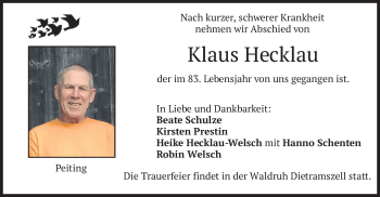 Todesanzeige von Klaus Hecklau von merkurtz