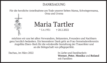Todesanzeige von Maria Tartler von merkurtz