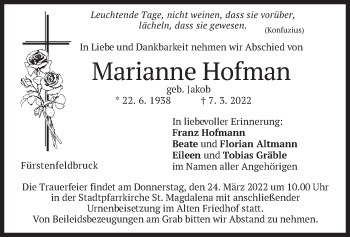 Todesanzeige von Marianne Hofman von merkurtz