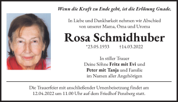 Todesanzeige von Rosa Schmidhuber von Das Gelbe Blatt Penzberg
