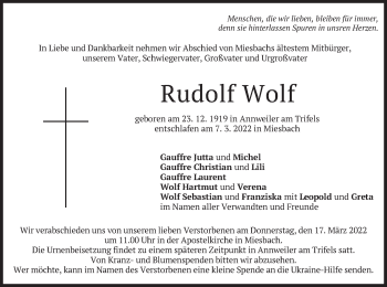 Todesanzeige von Rudolf Wolf von merkurtz