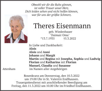 Todesanzeige von Theres Eisenmann von merkurtz