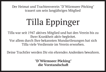 Todesanzeige von Tilla Eppinger von merkurtz