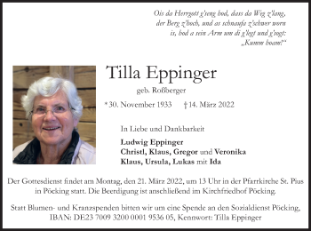 Todesanzeige von Tilla Eppinger von merkurtz