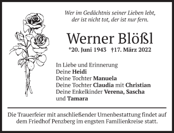 Todesanzeige von Werner Blößl von Das Gelbe Blatt Penzberg