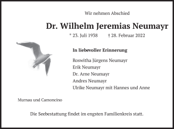 Todesanzeige von Wilhelm Jeremias Neumayr von merkurtz