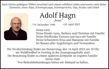 Todesanzeige von Adolf Hagn von merkurtz