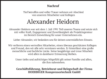 Todesanzeige von Alexander Heidorn von merkurtz
