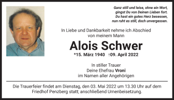 Todesanzeige von Alois Schwer von Das Gelbe Blatt Penzberg