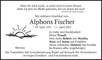 Todesanzeige von Alphons Fischer von merkurtz