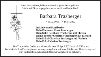 Todesanzeige von Barbara Trasberger von merkurtz