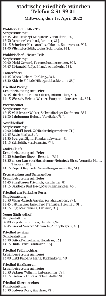 Todesanzeige von Beerdigungen vom 13.04.2022 von merkurtz