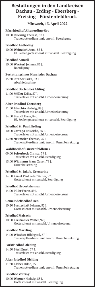 Todesanzeige von Bestattungen vom 13.04.2022 von merkurtz