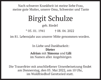Todesanzeige von Birgit Schulze von merkurtz