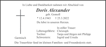 Todesanzeige von Doris Alexander von merkurtz