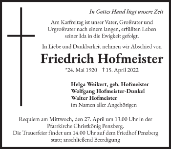 Todesanzeige von Friedrich Hofmeister von Das Gelbe Blatt Penzberg