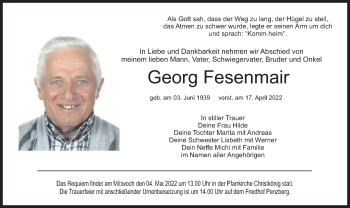 Todesanzeige von Georg Fesenmair von merkurtz