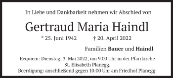 Todesanzeige von Gertraud Maria Haindl von merkurtz
