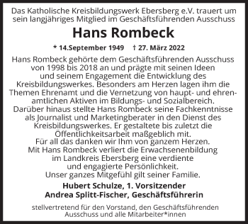Todesanzeige von Hans Rombeck von merkurtz