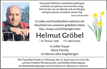 Todesanzeige von Helmut Gröbel von Das Gelbe Blatt Penzberg