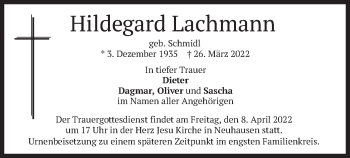Todesanzeige von Hildegard Lachmann von merkurtz
