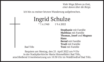 Todesanzeige von Ingrid Schulze von merkurtz