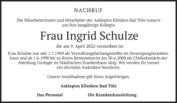 Todesanzeige von Ingrid Schulze von merkurtz