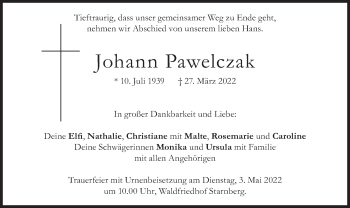 Todesanzeige von Johann Pawelczak von merkurtz