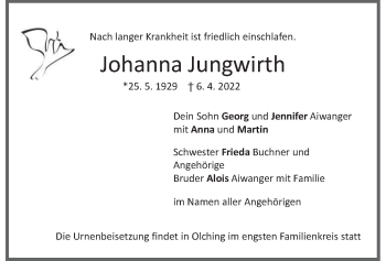 Todesanzeige von Johanna Jungwirth von merkurtz