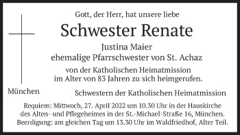 Todesanzeige von Justina Maier von merkurtz