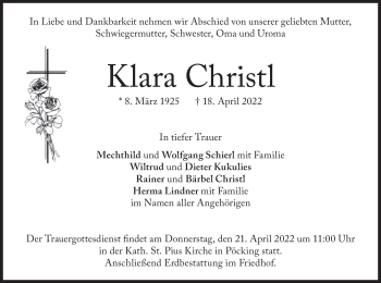 Todesanzeige von Klara Christl von merkurtz
