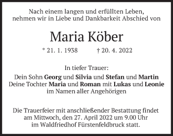 Todesanzeige von Maria Kober von merkurtz