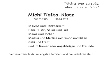 Todesanzeige von Michi Fioliza-Klotz von merkurtz