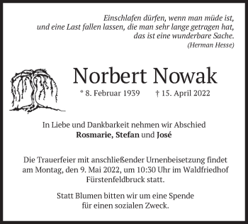 Todesanzeige von Norbert Nowak von merkurtz