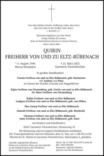 Todesanzeige von Quirin Freiherr von und zu Eltz-Rübenach von merkurtz