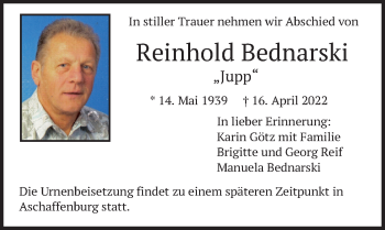 Todesanzeige von Reinhold Bednarski von merkurtz