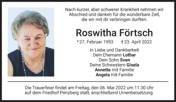 Todesanzeige von Roswitha Förtsch von Das Gelbe Blatt Penzberg