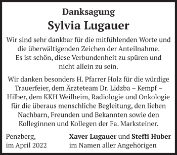 Todesanzeige von Sylvia Lugauer von Das Gelbe Blatt Penzberg
