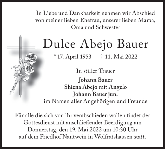 Todesanzeige von Dulce Abejo Bauer von merkurtz