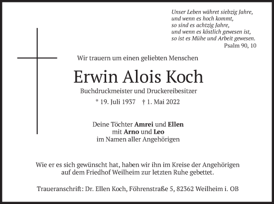 Todesanzeige von Erwin Alois Koch von merkurtz