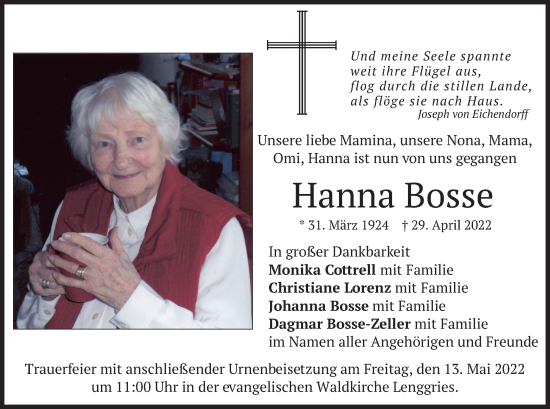 Todesanzeige von Hanna Bosse von merkurtz
