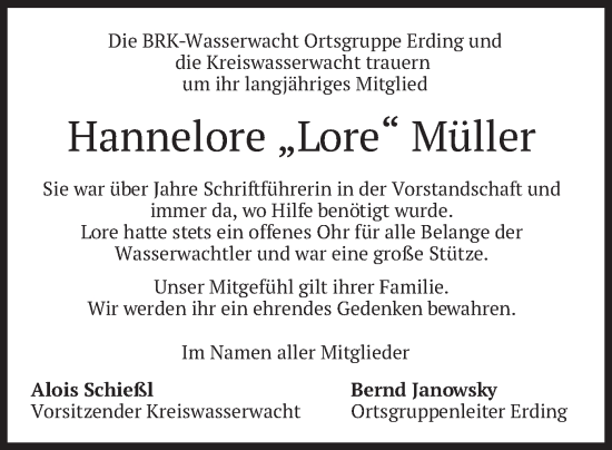 Todesanzeige von Hannelore  Müller von merkurtz
