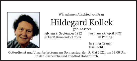 Todesanzeige von Hildegard Kollek von merkurtz