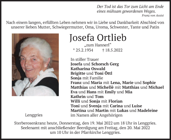 Todesanzeige von Josefa Ortlieb von merkurtz