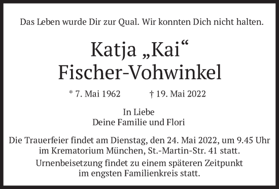 Todesanzeige von Katja Fischer-Vohwinkel von merkurtz