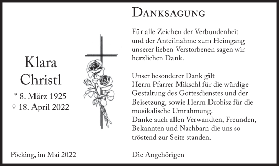 Todesanzeige von Klara Christl von merkurtz